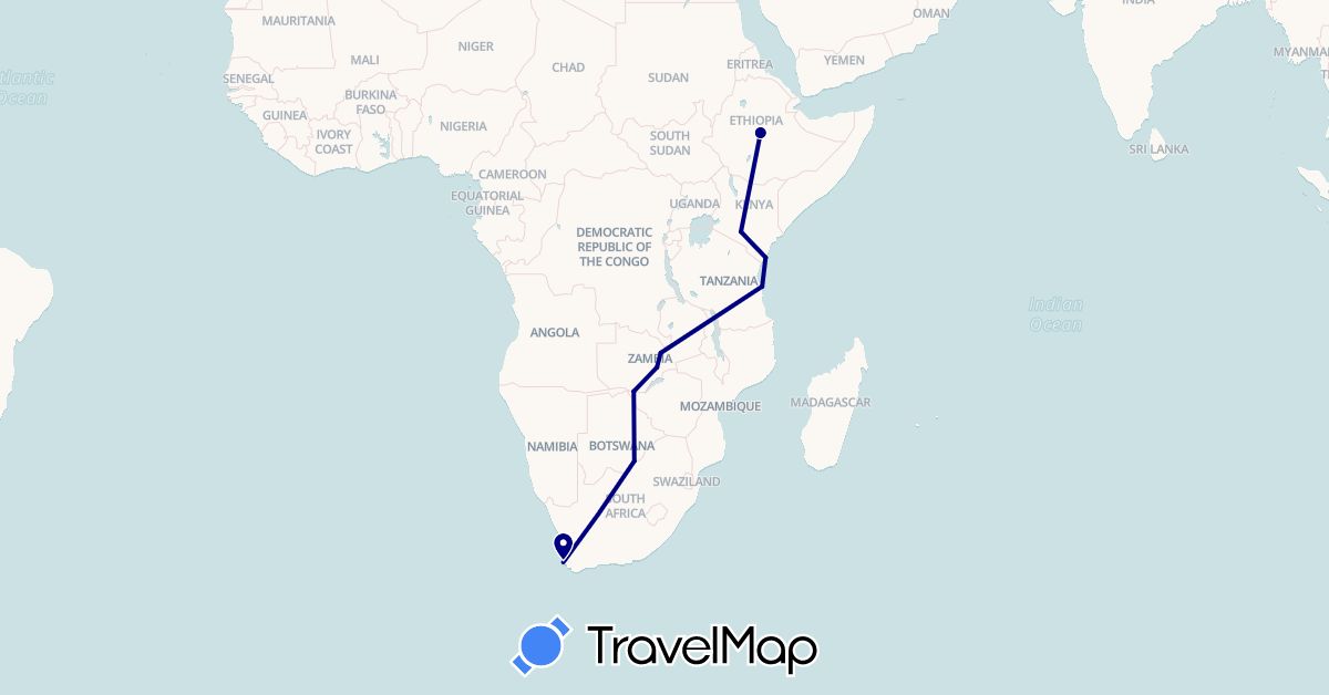 TravelMap itinerary: driving in Botswana, Ethiopia, Kenya, Tanzania, South Africa, Zambia (Africa)